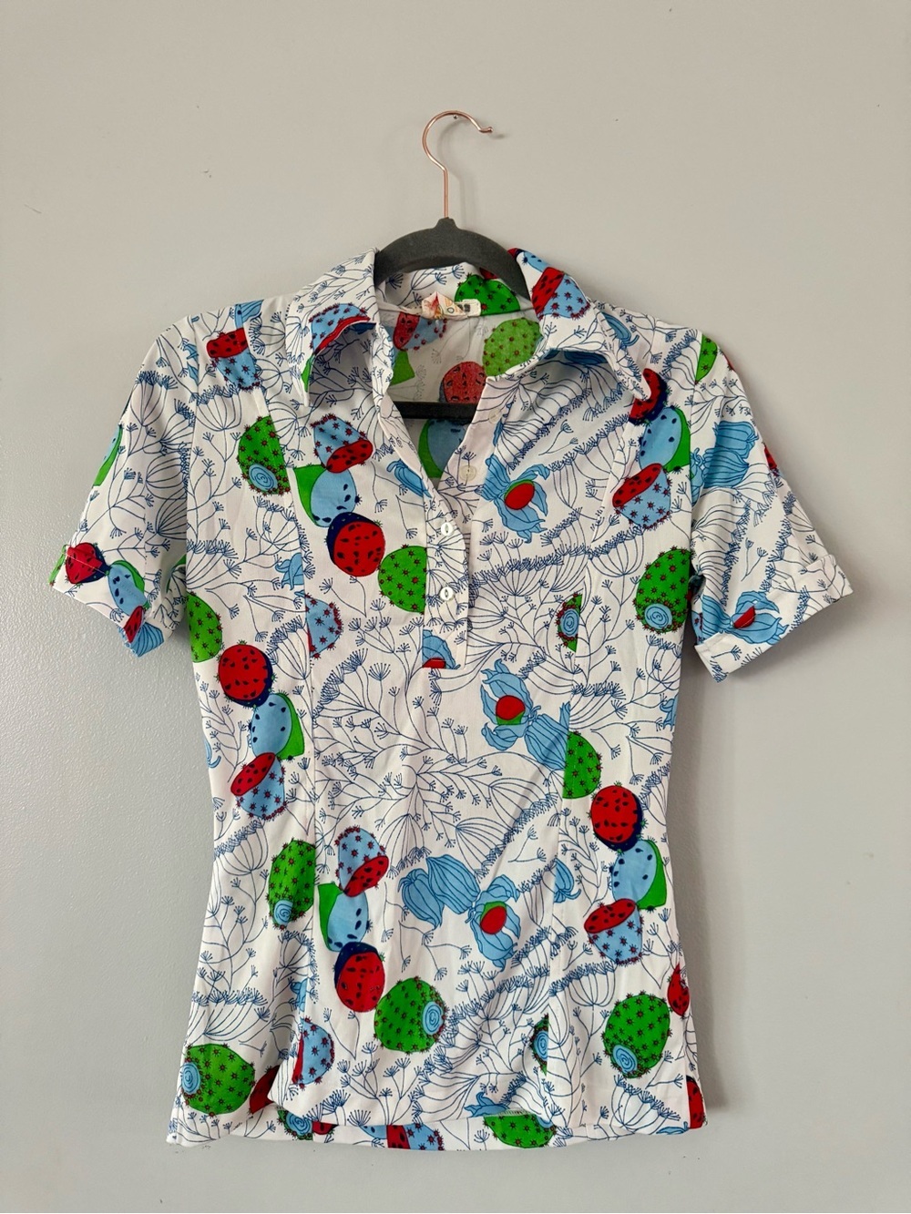 Vintage Elite Cactus Novelty Print Polo Top Small/Medium Retro 70s Sportswear